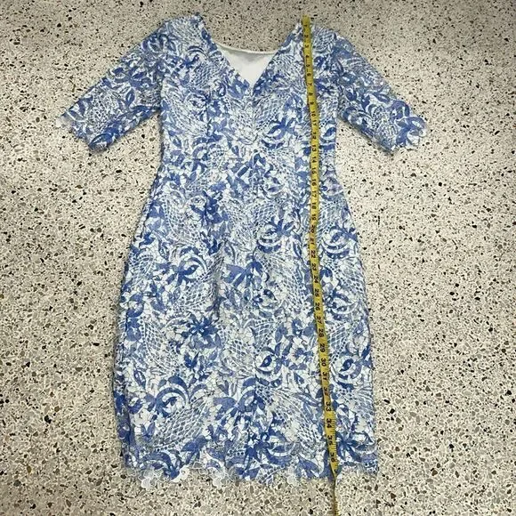 antonio melani blue and white dress Antonio Melani White Blue Floral Smocked Bodice Off the Shoulder Dress-  Size 14